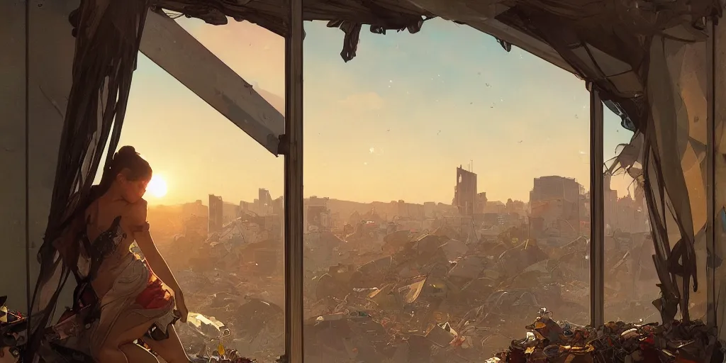 Prompt: seen from broken window!! garbage dump, city is pure wasteland, sunset in background, detailed characters, alphonse mucha, greg rutkowski, trending on artstation, artgerm, breathtaking, sharp focus, smooth, mark arian, award winning, highly detailed 4 k art