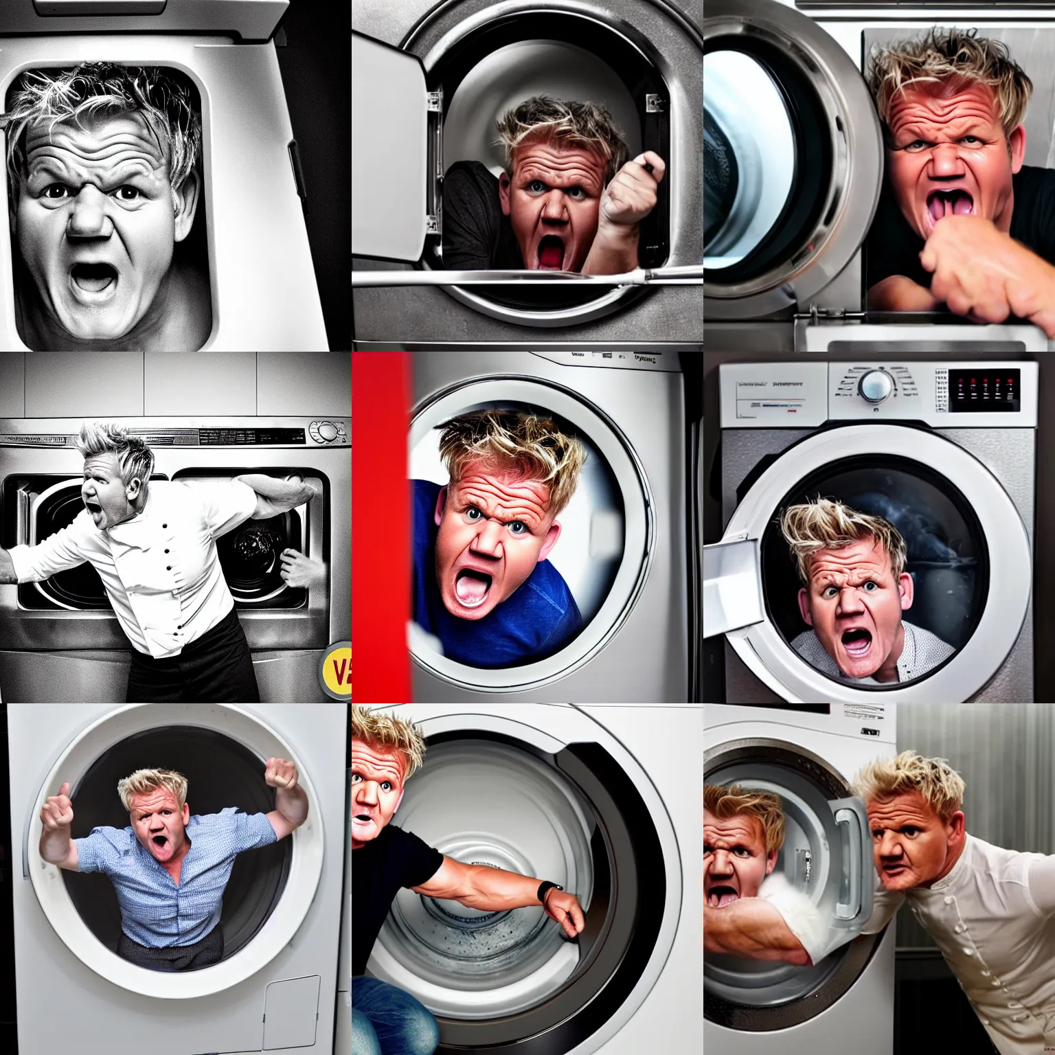 Image similar to angry furious Gordon Ramsay poking his head out of a washing machine and shouting at the camera