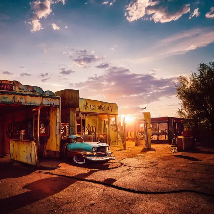 Image similar to a sunset light landscape with historical route 6 6, lots of sparkling details and sun ray ’ s, blinding backlight, smoke, volumetric lighting, colorful, octane, 3 5 mm, abandoned gas station, old rusty pickup - truck, beautiful epic colored reflections, very colorful heavenly, softlight