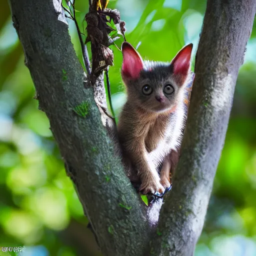 Image similar to a bat kitten, in a tree, Canon EOS R3, telephoto, very detailed, 4k