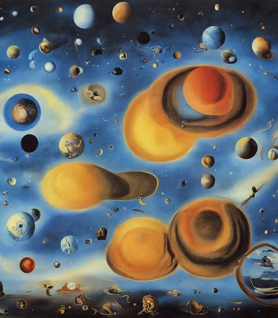 Image similar to a beautiful surrealistic painting of planets and stars in the universe by salvador dali, trending on artstation., oil painting