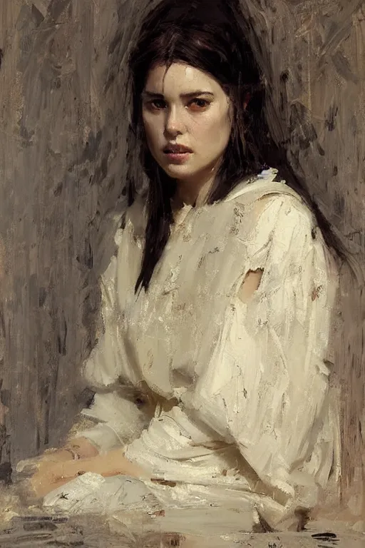 Prompt: Richard Schmid and Jeremy Lipking full length portrait painting of a young beautiful woman priestess in elaborate costume