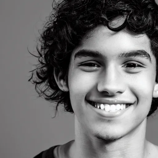 Image similar to close - up portrait photograph of a teenage latino male with brown eyes, light skin, a long italian nose, a big smile, curly medium length black hair, highly detailed, anatomically correct features,