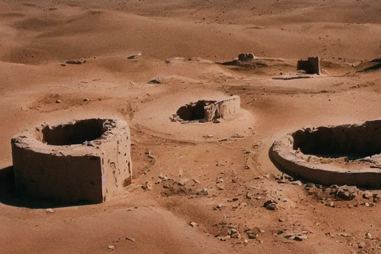 Prompt: film still of esoteric gigantic prehuman building in the desert, by Étienne-Louis Boullée, ektachrome full-HD