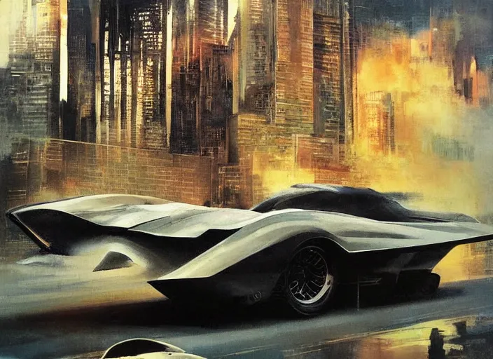 Image similar to ( ( ( ( ( knight rider kitt, car concept art, sci - fi illustration, painting ) ) ) ) ) by vincent di fate and john berkey!!!!!!!!!!!!!!!!!!!!!!!!!!!!!!