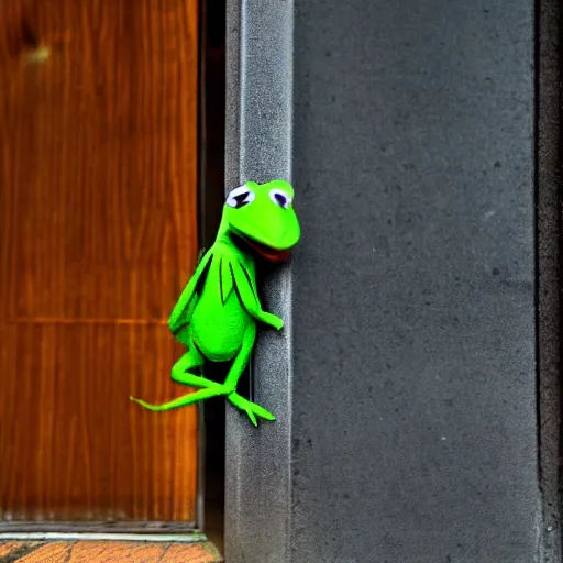 Image similar to street photography picture of kermit the frog sleeping in the doorway of an oppressive evil building. fugifilm 4 k