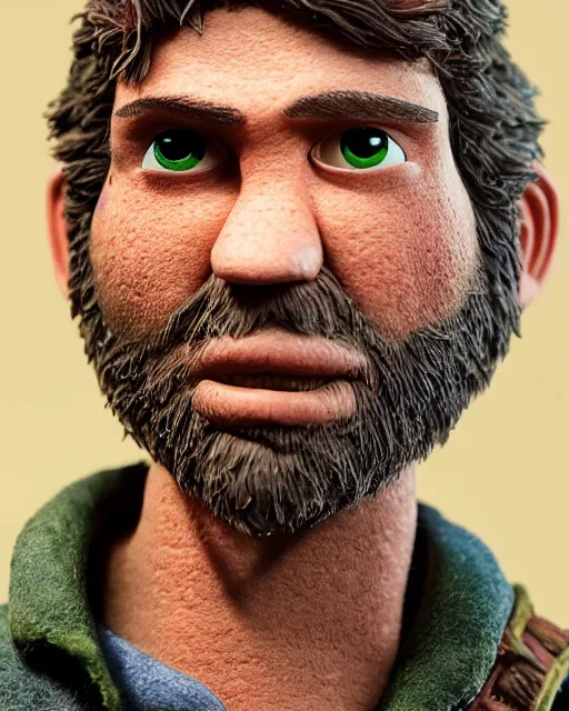 Image similar to joel from the last of us as a muppet. highly detailed felt. hyper real photo. 4 k.