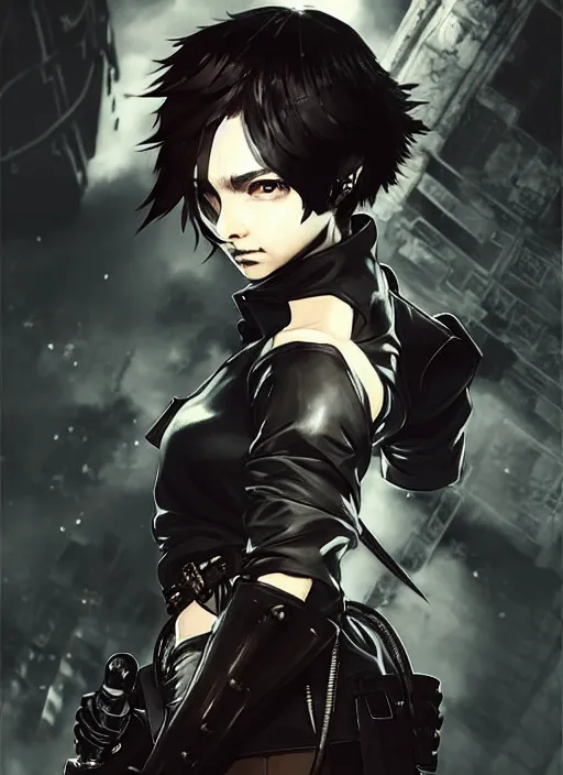 Image similar to Half body portrait of young woman with short hair and pirate attire. In style of Yoji Shinkawa and Hyung-tae Kim, trending on ArtStation, dark fantasy, great composition, concept art, highly detailed, dynamic pose.