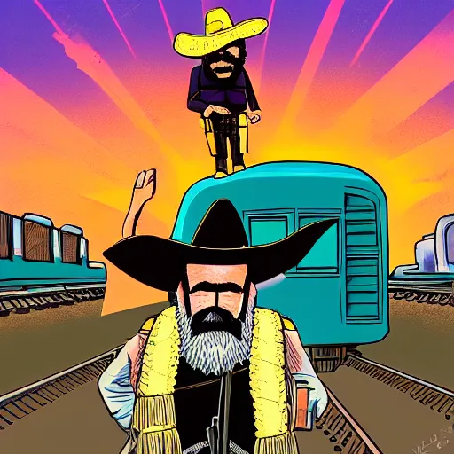 Image similar to bearded bandito with pancho and sombrero standing on top of a train at sunset, dave gibbons