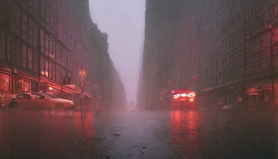Prompt: gediminas pranckevicius street of new york photography, night, rain, mist, a umbrella pink, cinestill 8 0 0 t, in the style of william eggleston