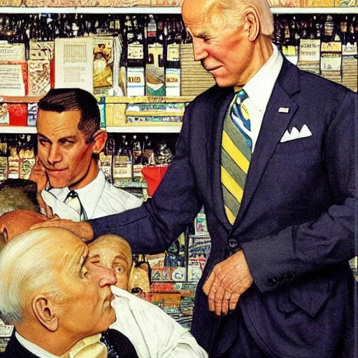 Prompt: joe biden forgets to breathe and falls over in a shop, painted by norman rockwell and tom lovell and frank schoonover