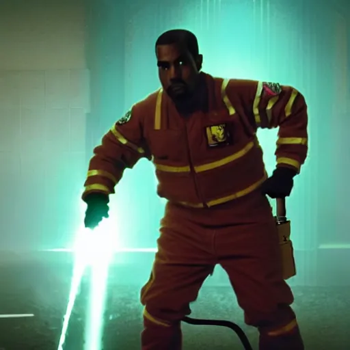 Image similar to kanye west as a ghostbuster in ghostbusters, splash art, movie still, cinematic lighting, dramatic, octane render, long lens, shallow depth of field, bokeh, anamorphic lens flare, 8 k, hyper detailed, 3 5 mm film grain