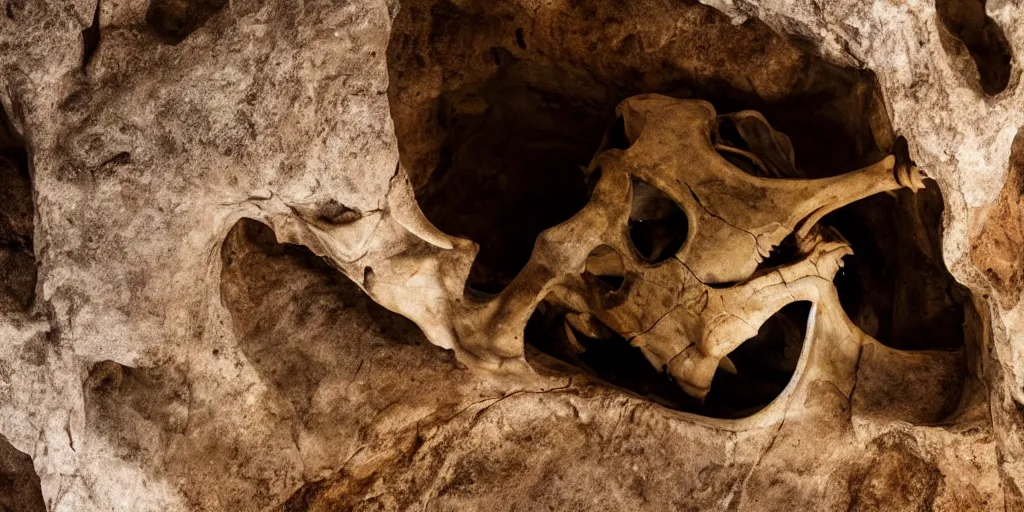 Image similar to A colossal goat skull in a giant cave, dramatic lighting, 8k