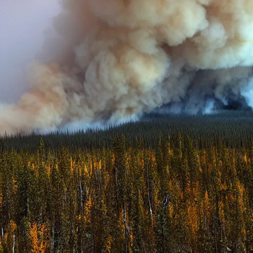 Prompt: boreal forest on fire, massive, epic, billowing smoke, ominous, permafrost, taiga