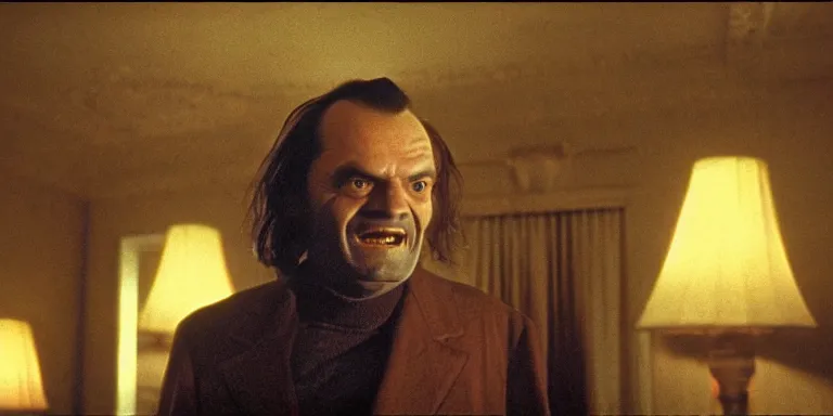 Image similar to photorealistic ultra wide cinematography of the character jack torrance played by jack nicholson from stanley kubrick's 1 9 8 0 film the shining sitting at the overlook hotel's gold ballroom bar starring right at the camera shot on 3 5 mm eastman 5 2 4 7 film by the shining cinematographer john alcott shot on a wide kinoptik tegea 9. 8 mm lens.