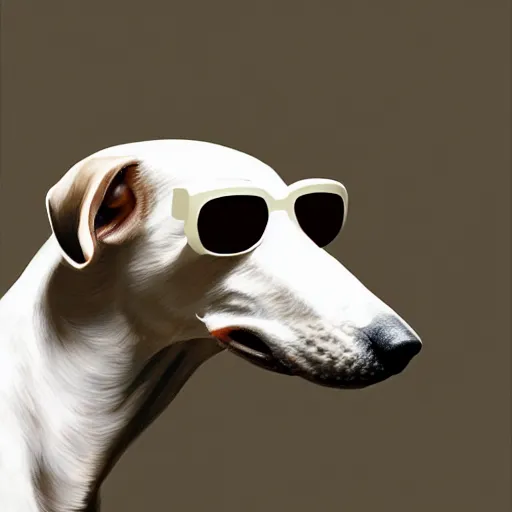 Prompt: A masterpiece portrait of a white brown greyhound. Greyhound is wearing aviation sunglasses. Very detailed. intricate, elegant, highly detailed. trending on artstation, digital art, by Stanley Artgerm Lau, WLOP, Rossdraws, James Jean, Andrei Riabovitchev, Marc Simonetti, Yoshitaka Amano