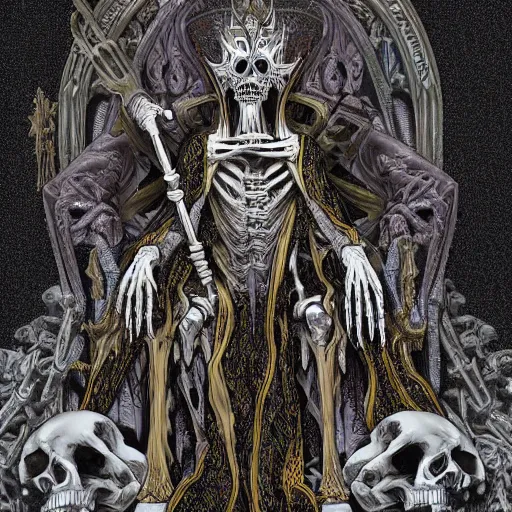 Image similar to A lich sitting on the throne made of bones, magical glow, intricate, sharp details