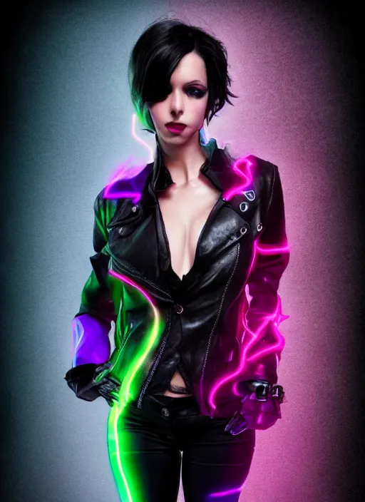 Image similar to a photo of 8 k ultra realistic a black haired female in high heels and a black leather jacket, pink, purple, green, yelow, red, blue, white neon, art by lise deharme