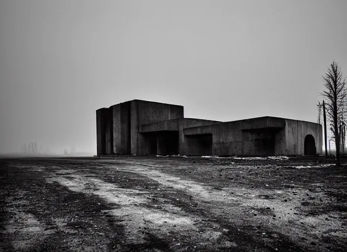 Image similar to High resolution black and white photograph with a 35mm F/22.0 lens of a Brutalist architectural building alone in the middle of a Russian wasteland in the 1980s in the middle of nowhere while foggy. Highly detailed Realistic, Refined, Highly Detailed, fine art fashion photography