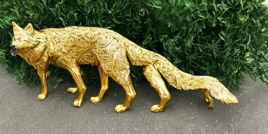 Image similar to gorgeous wolf statue with gold filigree