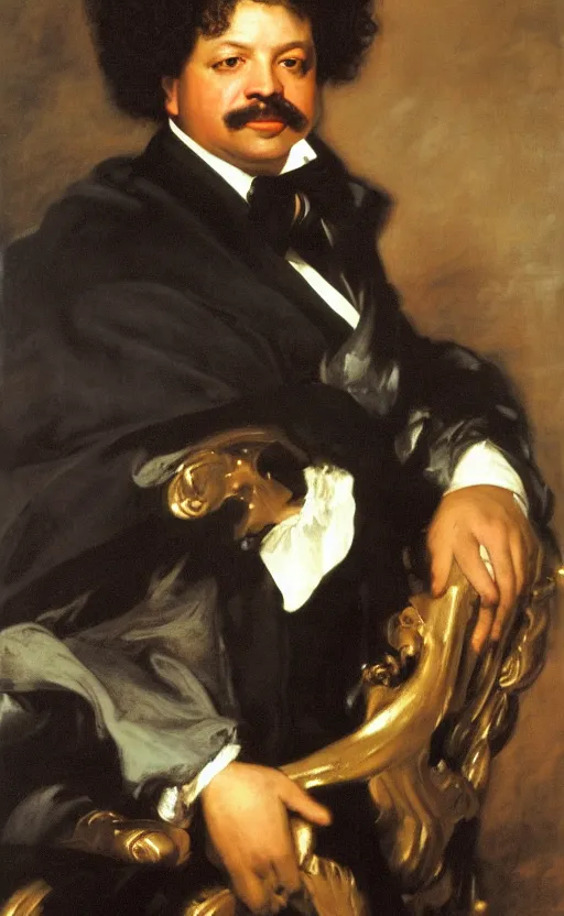 Prompt: Portrait of Alexandre Dumas, oil on canvas, highly detailed, high contrast, by Franz Xaver Winterhalter, Henry Ossawa Tanner, Anthony van Dyck, 8k