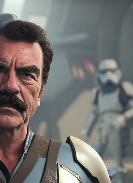 Image similar to film still of tom selleck as cal kestis in star wars jedi fallen order, gameplay, 8 k, hd