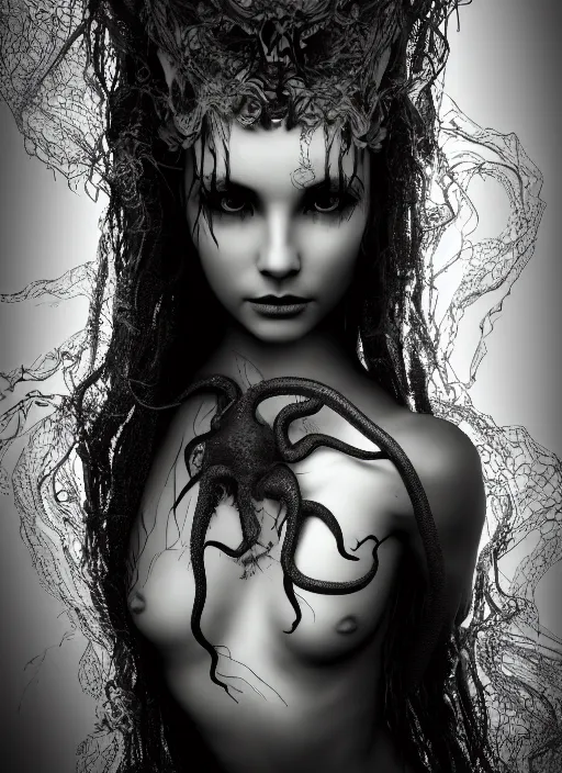 Image similar to surreal mythical dreamy dark artistic black and white fine art photo of a beautiful young female angel - medusa - mermaid - cyborg covered with translucent algae, highly detailed, lace web, rim light, cinematic, studio dramatic light, poetic, octane render, 8 k, photo - realistic, by floria sigismondi