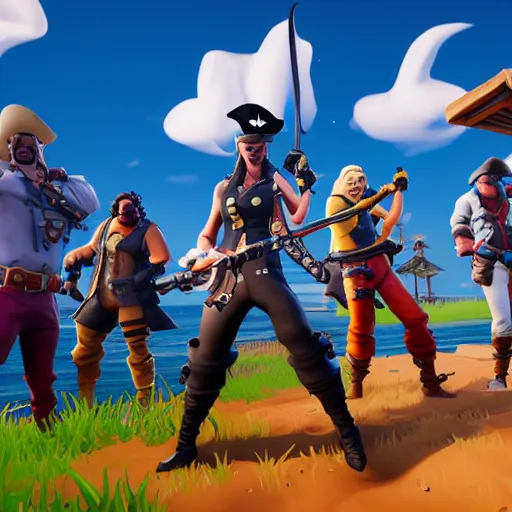 Prompt: a sunny day, few clouds and two pirate galleons competing in the middle of the sea, fortnite style