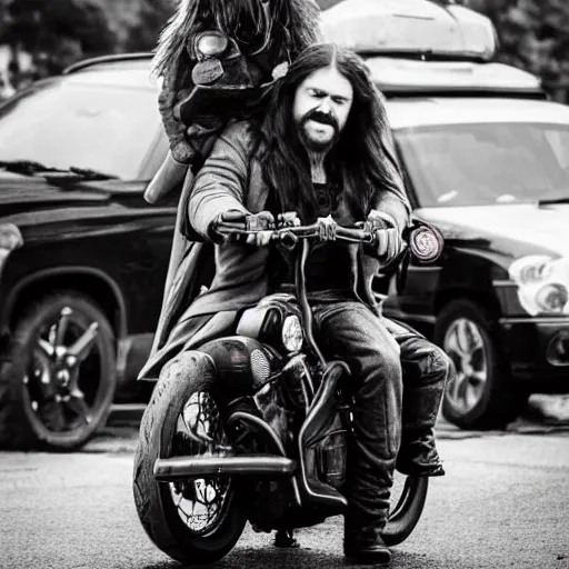 Image similar to a cute little, creature, on the shoulders of a tall, stocky man with long hair and a long trench coat and cowboy hat, next to a motorcycle