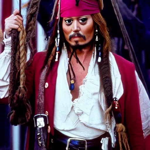 Image similar to photo of Donald Trump as Captain Jack Sparrow the movie Pirates of the Caribbean, cinestill, 800t, 35mm, full-HD