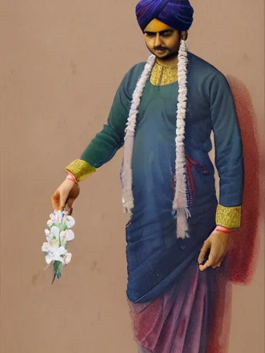 Image similar to water color painting, artwork by raja ravi varma, of a solo individual portrait of an indian guy holding lilies, dapper, simple illustration, domestic, nostalgic, full of details, matte painting, trending on artstation and unreal engine