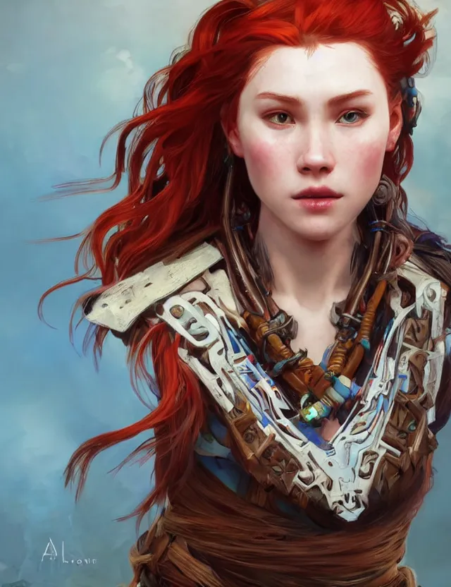 Prompt: beautiful portrait of aloy from horizon zero dawn, long bright red hair and pale skin, delicate features, trending on artstation, bright colors, by wlop, by kan liu, by alphonse mucha, by geoffrey chan, art nouveau