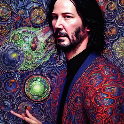 Image similar to portrait of keanu reeves, hyper detailed masterpiece, neon floral pattern, jean giraud, digital art painting, darkwave goth aesthetic, psychedelic, artgerm, donato giancola and tom bagshaw