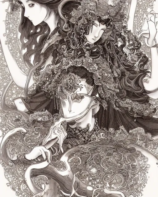 Prompt: otoyomegatari, baroque style, elegant, beautiful, mesmerizing, concept art, fancy clothing, highly detailed, artstation, behance, deviantart, inspired by innocent manga, inspired by castlevania concept art, trending, ayami kojima, shinichi sakamoto, kaoru mori