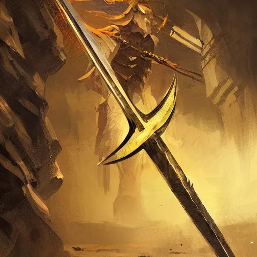 Image similar to yellow broad sword, giant sword, war blade weapon by greg rutkowski