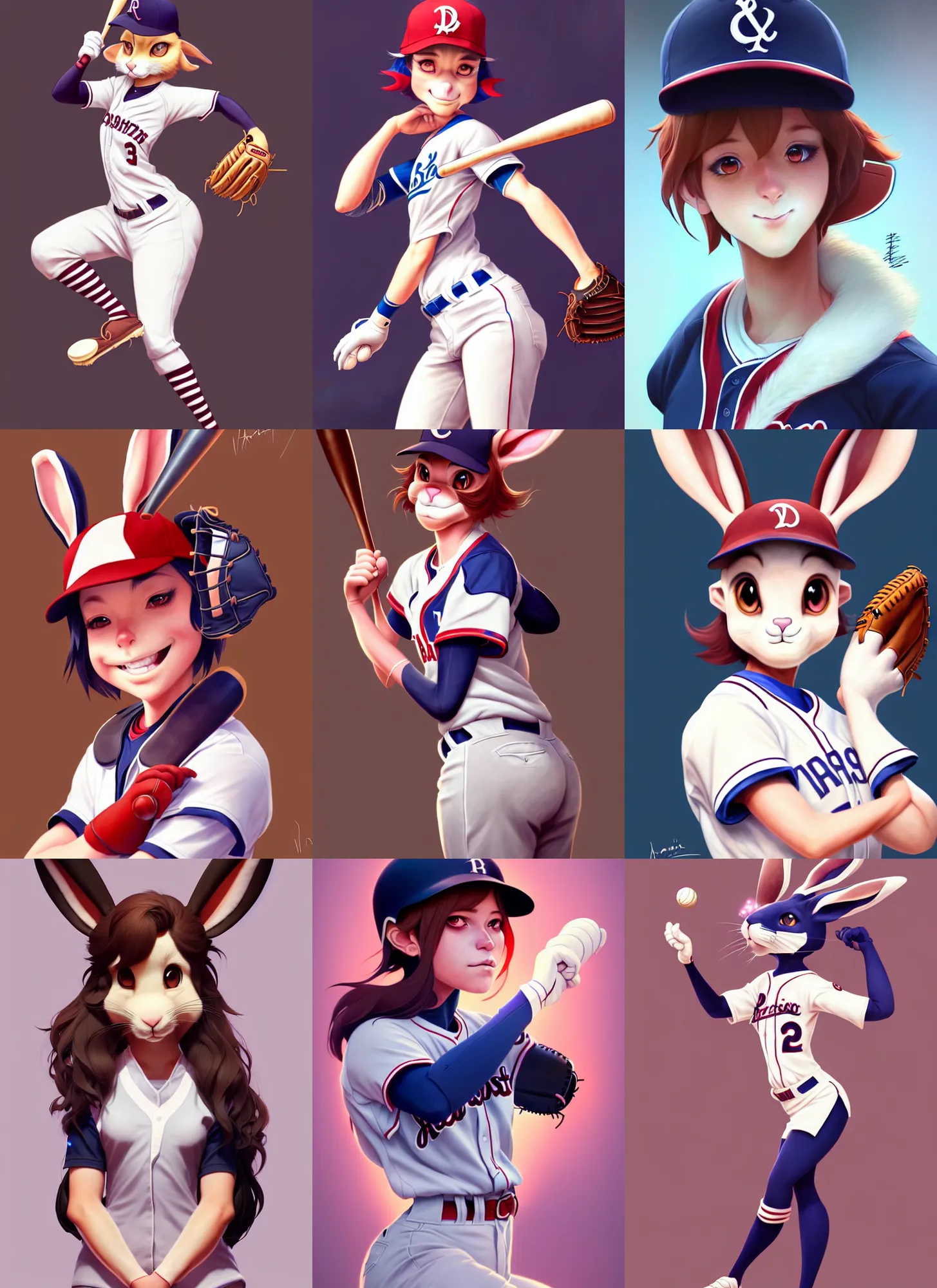 Image similar to beautiful portrait of a female anthropomorphic rabbit fursona baseball player. character design by disney, charlie bowater, ross tran, artgerm, and makoto shinkai, detailed, soft lighting, rendered in octane