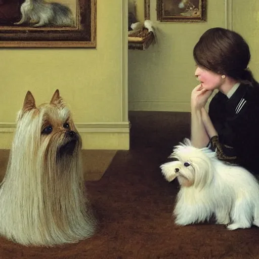 Image similar to Elle Fanning and a Yorkshire terrier, extremely detailed masterpiece, illustration, by Michael Sowa,