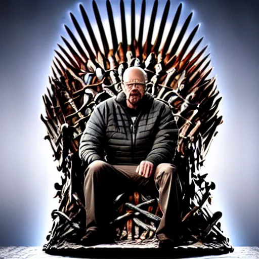 Image similar to “ very very intricate hyperrealistic photo of a walter white on the iron throne, detailed studio lighting, award - winning crisp details ”