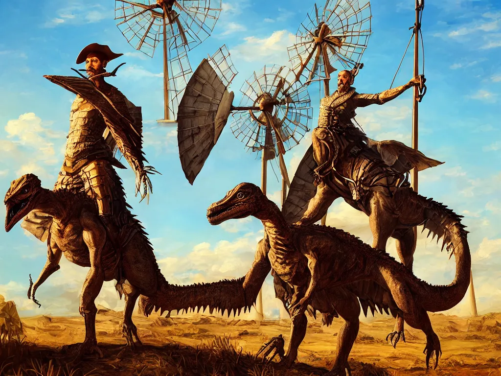 Image similar to portrait of don quixote sitting on a velociraptor in front of a windmill, summer, sun in the zenith, digital art, highly detailed, stunning scene, 4 k, realism, stunning scene, bright colors, trending on artstation, masterpiece