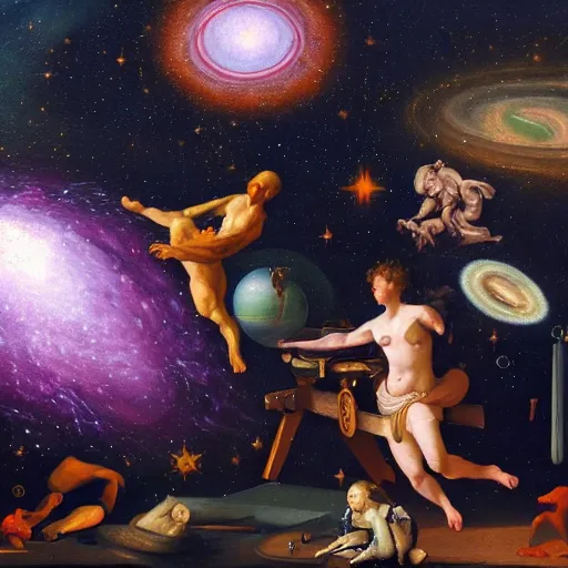 Image similar to life in the cosmos, detailed baroque oil painting