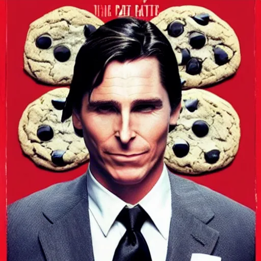 Prompt: Christian Bale as Patrick Bateman wearing a suit whilst holding a cookie, film poster