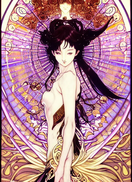 Image similar to exquisite imaginative creature manga poster art of demon slayer, pearlescent, shimmering, reflective, rim light, detailed background, by kojima ayami, shigenori soejima. takeshi obata, alphonse mucha, jump comics, illustration, artstation, concept art, highly detailed, colorful, maximalist