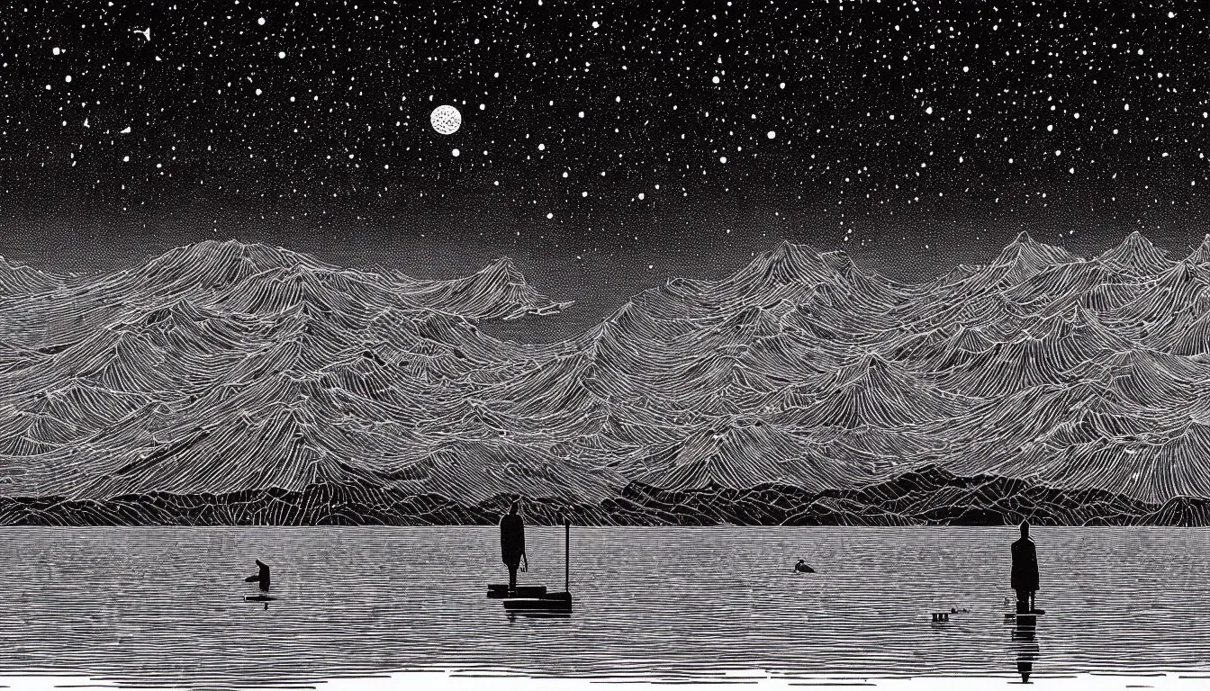 Prompt: standing in a lake looking at reflection of the night sky by woodblock print, nicolas delort, moebius, victo ngai, josan gonzalez, kilian eng