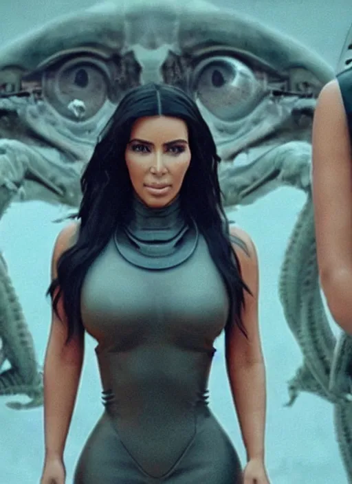 Prompt: movie still of a kim kardashian with a alien facehugger on her face, cinematic.