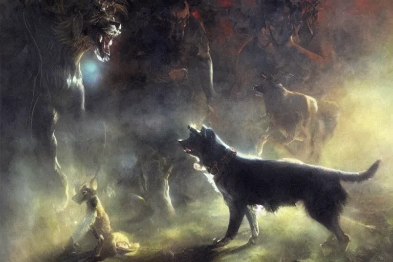 Prompt: stinky dog, ethereal back light, mist, coherent composition, detailed fantasy painting by noriyoshi ohrai