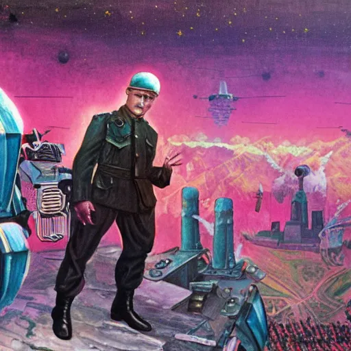 Prompt: painting of benito mussolini visiting planet cybertron, high detail, retrofuturistic, sci - fi, fantasy, colorful