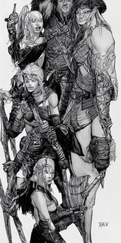 Image similar to female thief and a large young male warrior, and a young female african warrior, d & d, fantasy, portrait, in travis charest style