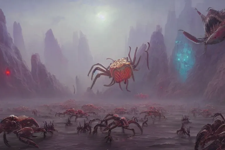 Prompt: an intricate colorful matte painting of a herd of giant alien crabs running abound, by Christophe Vacher and Bastien Lecouffe-Deharme, trending on artstation