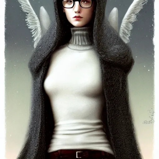 Prompt: portrait of a scholar angel, turtleneck sweater, white, cute, shy, glasses, medium shot, illustration, highly detailed, high quality, by tom bagshaw and luis royo, n - 4