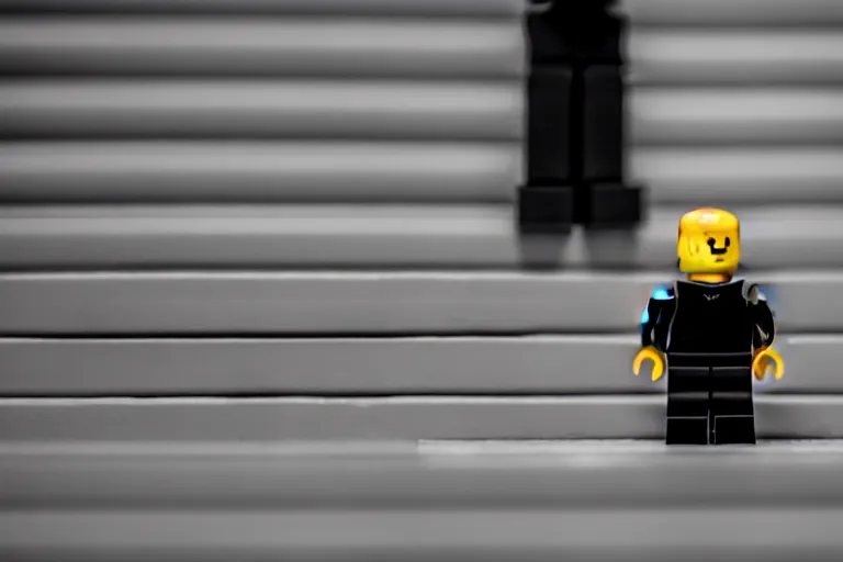 Image similar to a small faceless figure walking down a darkened stairway made of lego, horror film